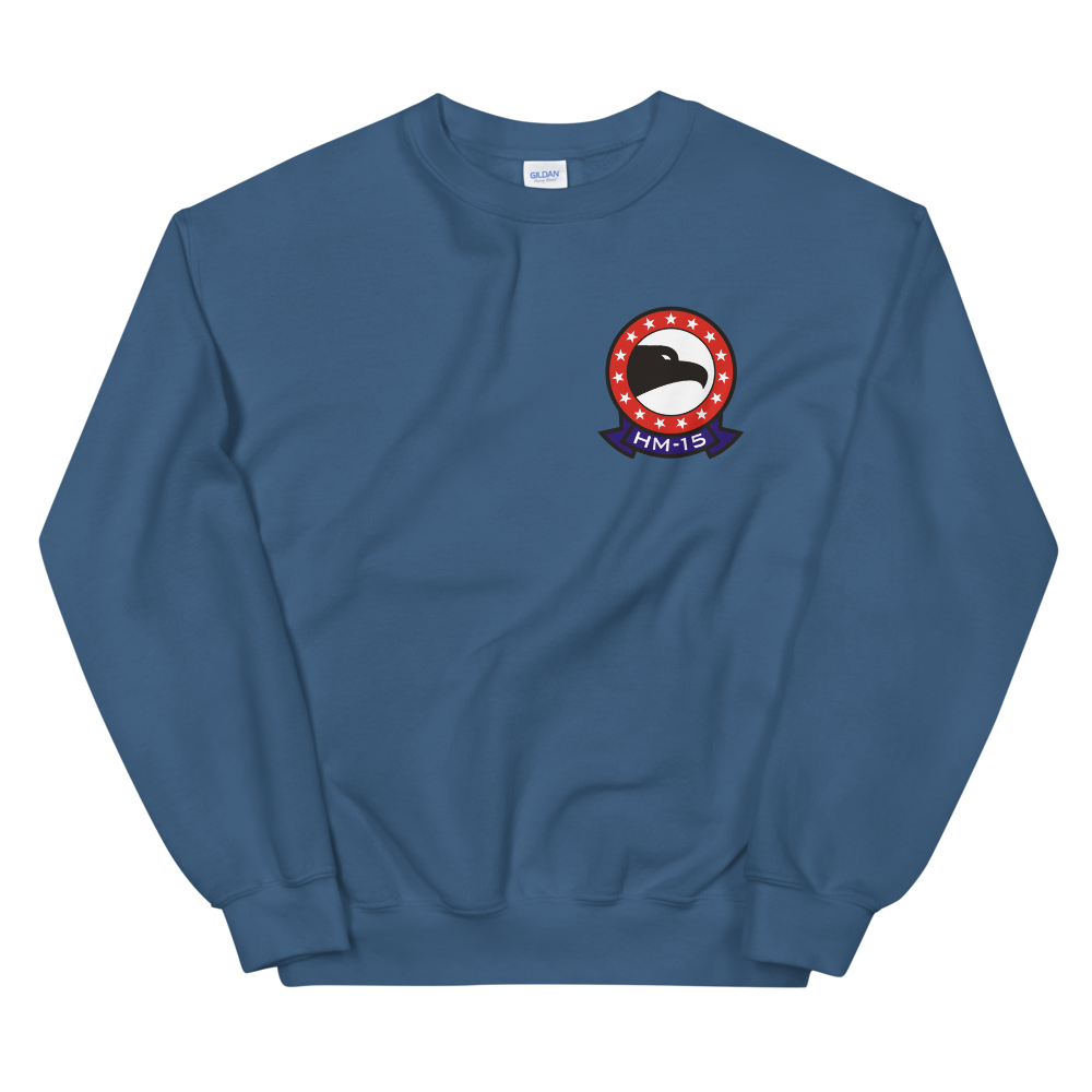 HM-15 Blackhawks Squadron Crest Unisex Sweatshirt – front view, indigo
