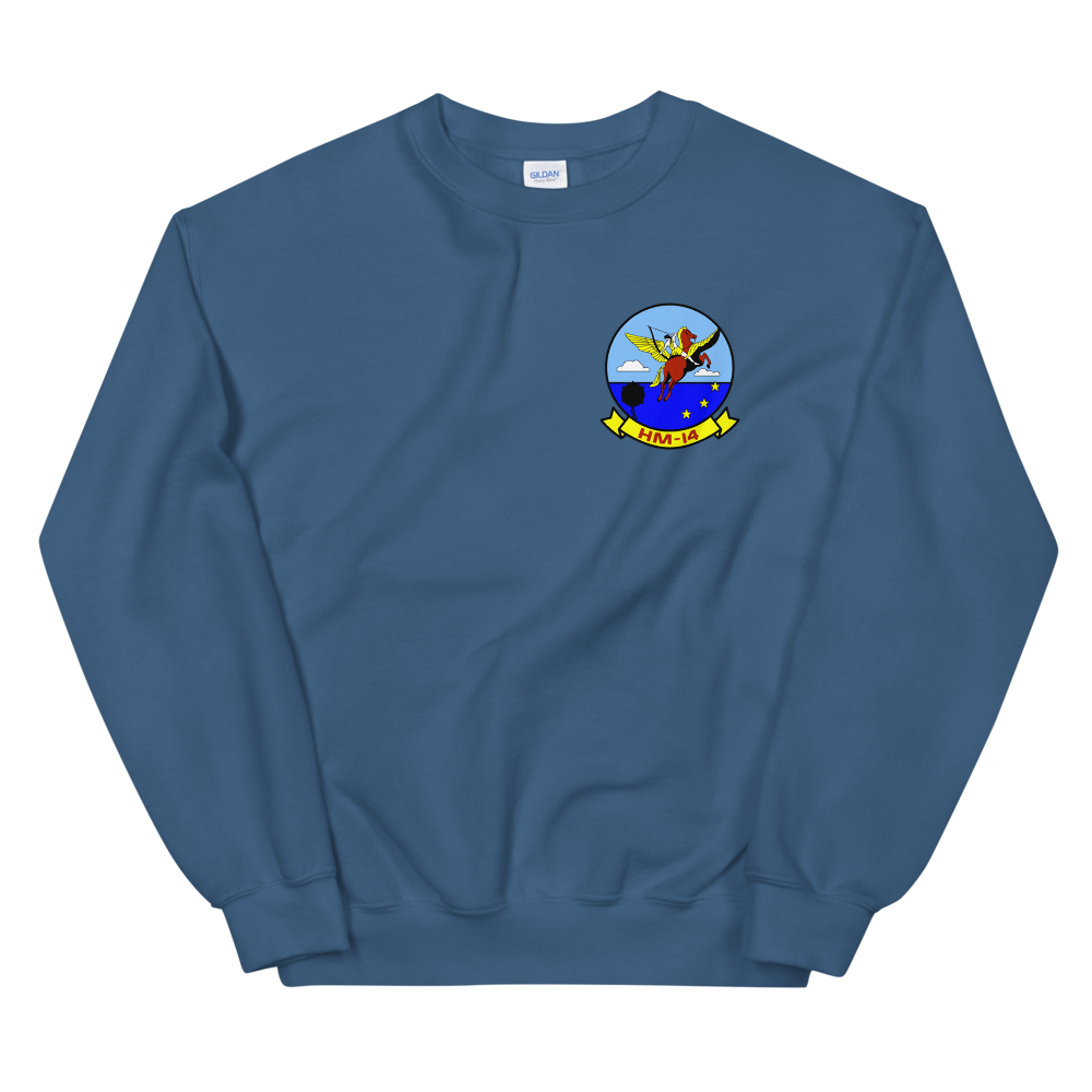 HM-14 The Vanguard Squadron Crest Unisex Sweatshirt – front view, indigo