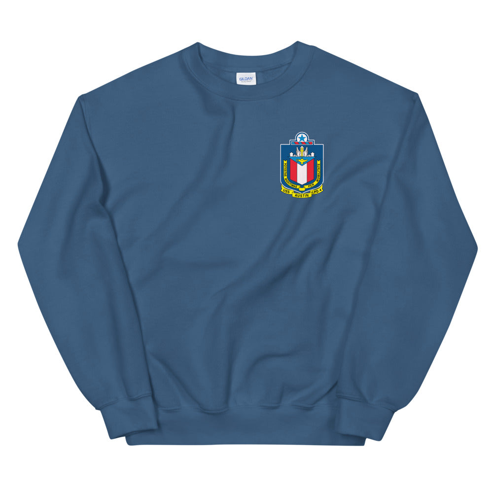 USS Austin (LPD-4) Ship's Crest Sweatshirt – front view, indigo