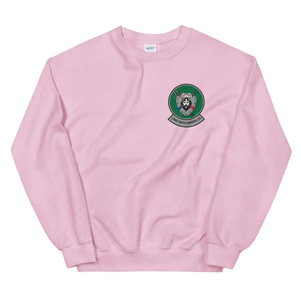 VFA-125 Rough Raiders Squadron Crest Unisex Sweatshirt – front view, pink