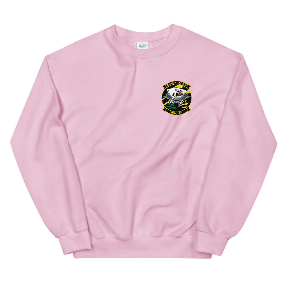 HSC-21 Blackjacks Squadron Crest Unisex Sweatshirt – front view, pink