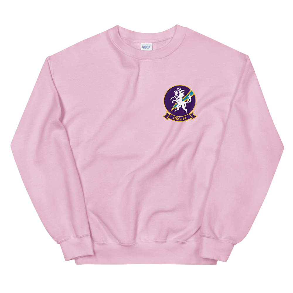 HSC-14 Chargers Squadron Crest Unisex Sweatshirt – front view, pink
