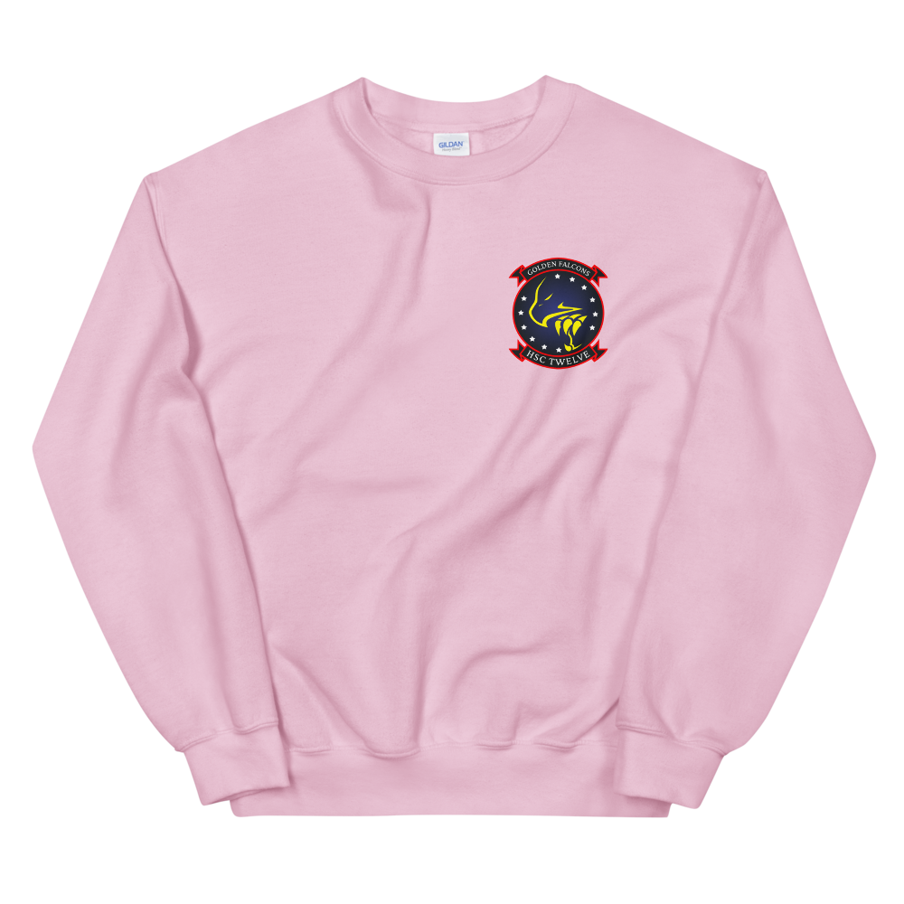 HSC-12 Golden Falcons Squadron Crest Unisex Sweatshirt – front view, pink