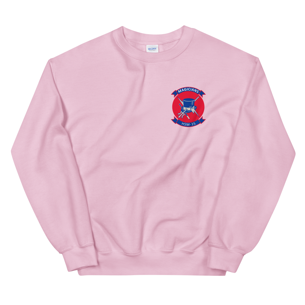 HSM-35 Magicians Squadron Crest Unisex Sweatshirt – front view, pink