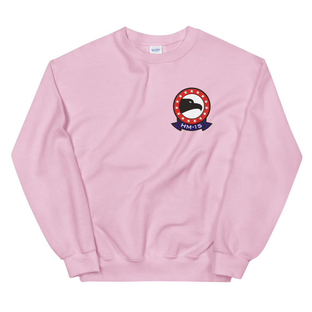HM-15 Blackhawks Squadron Crest Unisex Sweatshirt – front view, pink