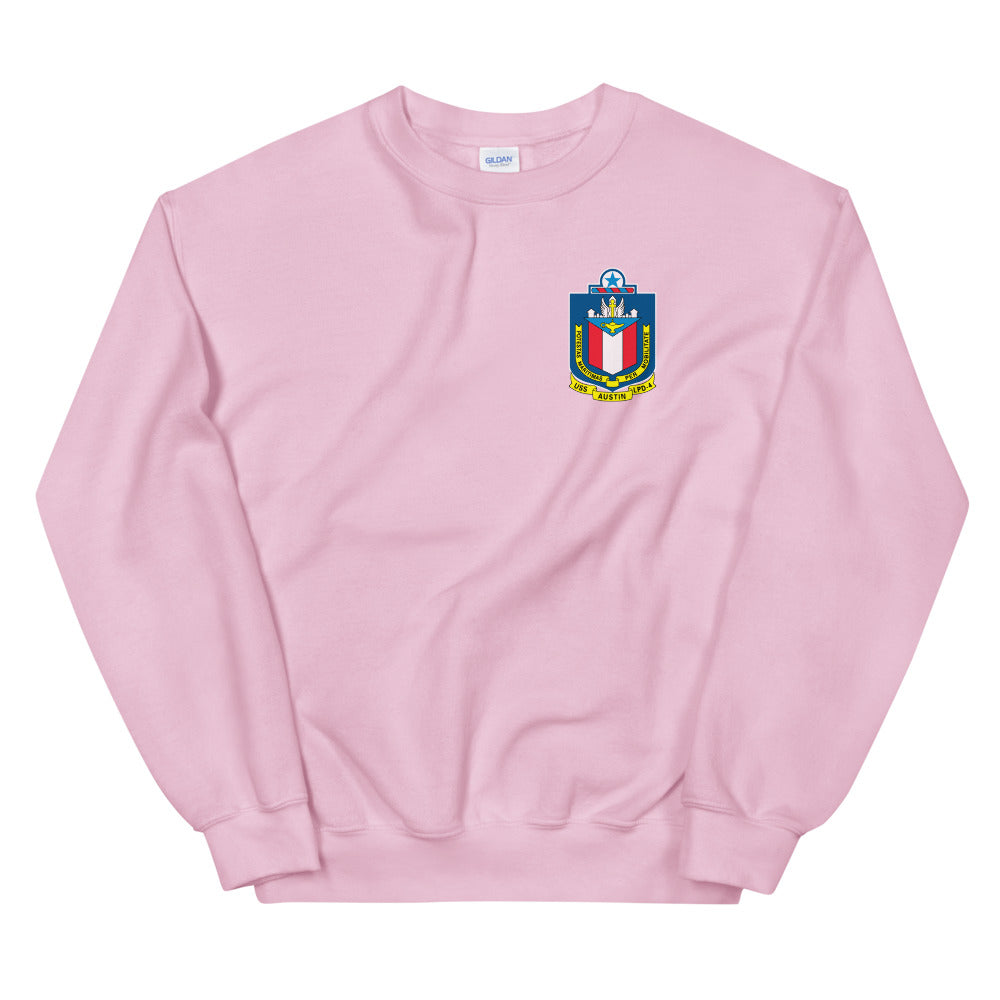 USS Austin (LPD-4) Ship's Crest Sweatshirt – front view, pink