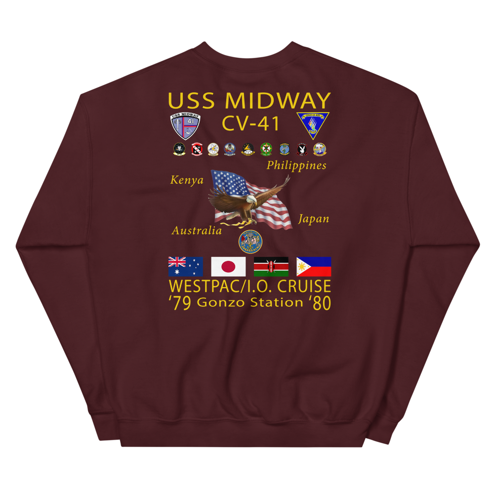 USS Midway (CV-41) 1979-80 Cruise Sweatshirt with Persian Gulf Yacht Club – maroon