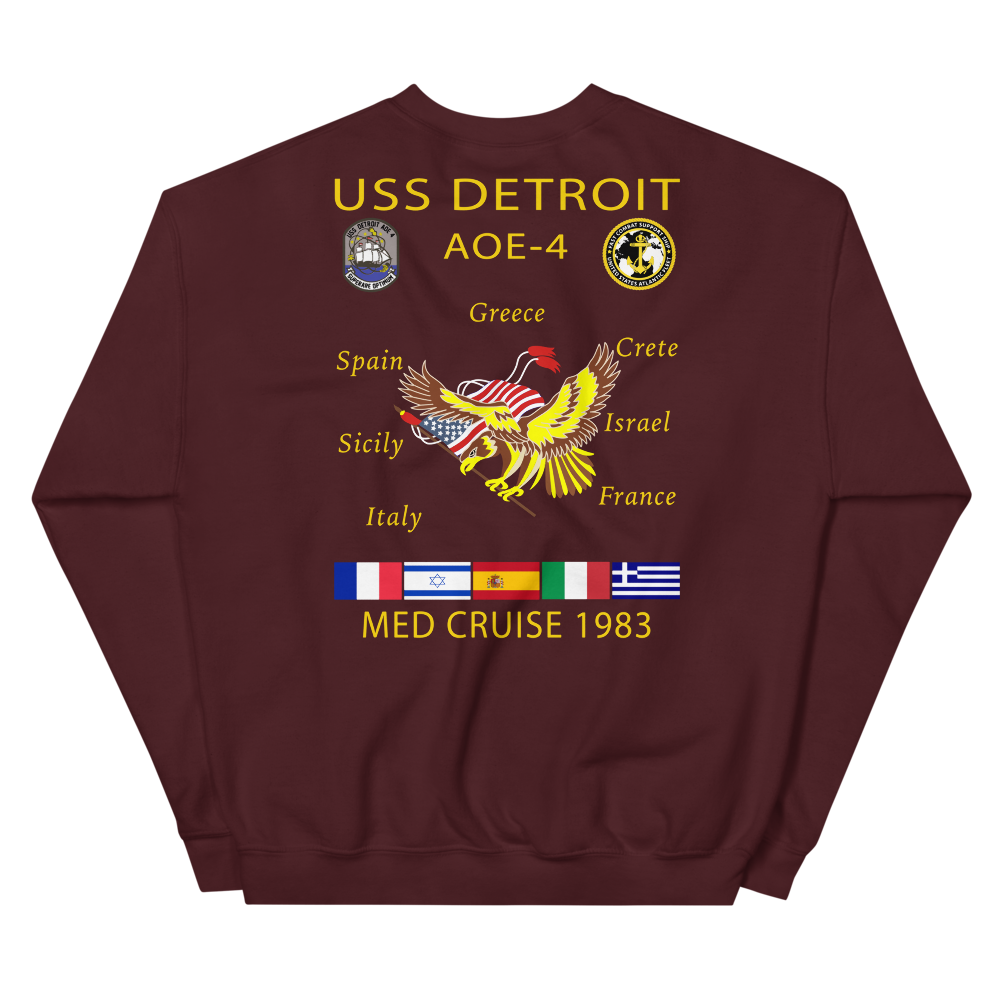 USS Detroit (AOE-4) 1983 Med Cruise Sweatshirt – back view, maroon