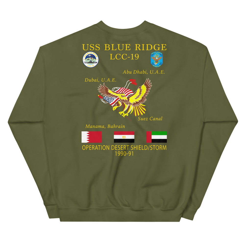 USS Blue Ridge (LCC-19) 1990-91 ODS/S Cruise Sweatshirt – back view, military green