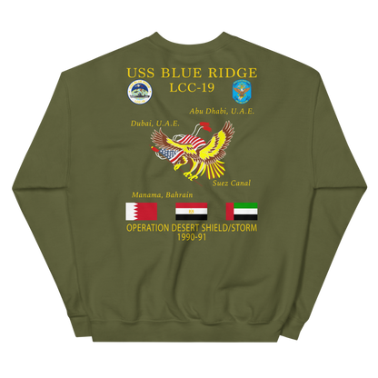 USS Blue Ridge (LCC-19) 1990-91 ODS/S Cruise Sweatshirt – back view, military green