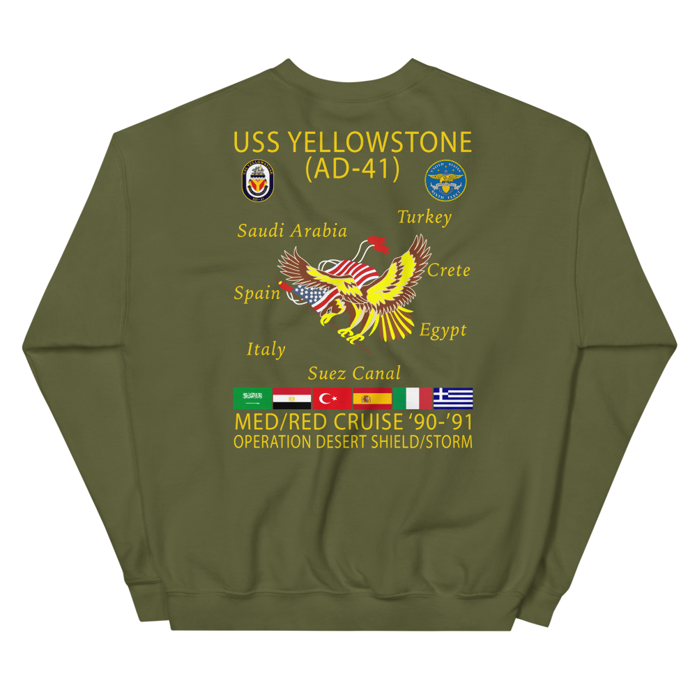 USS Yellowstone (AD-41) 1990-91 ODS/S Cruise Sweatshirt – back view, military green
