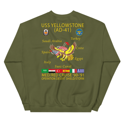 USS Yellowstone (AD-41) 1990-91 ODS/S Cruise Sweatshirt – back view, military green