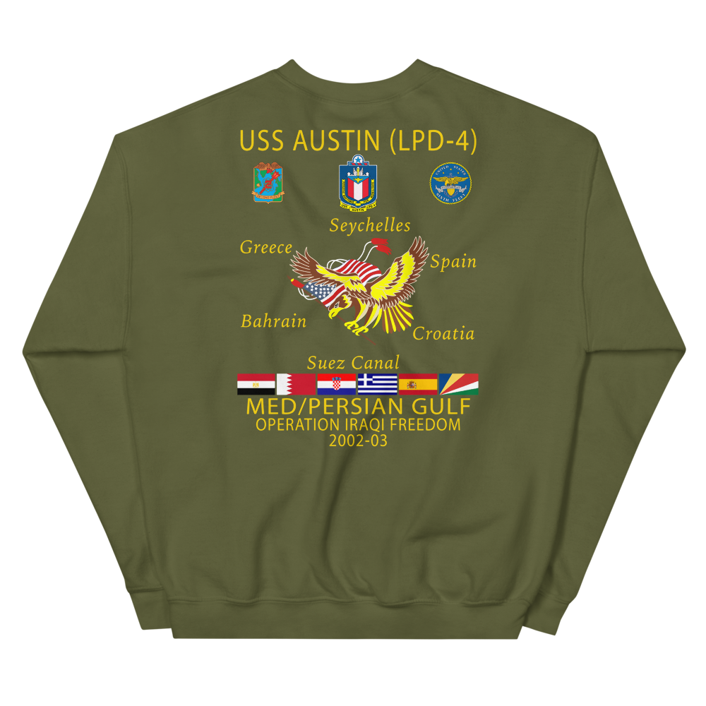 USS Austin (LPD-4) 2002-03 Cruise Sweatshirt – back view, military green