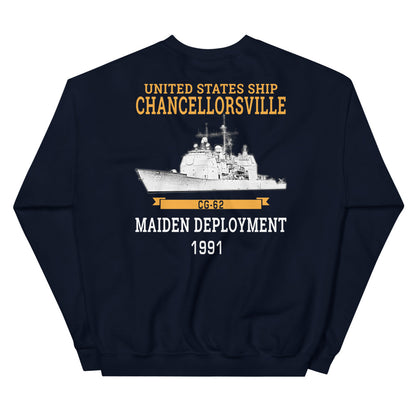 USS Chancellorsville (CG-62) 1991 Maiden Deployment Sweatshirt – back view, navy
