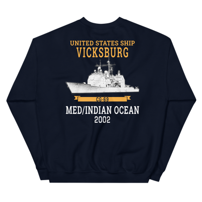 USS Vicksburg (CG-69) 2002 MED/IO Unisex Sweatshirt – back view, navy