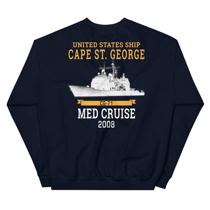 USS Cape St. George (CG-71) 2008 MED Unisex Sweatshirt – back view, navy