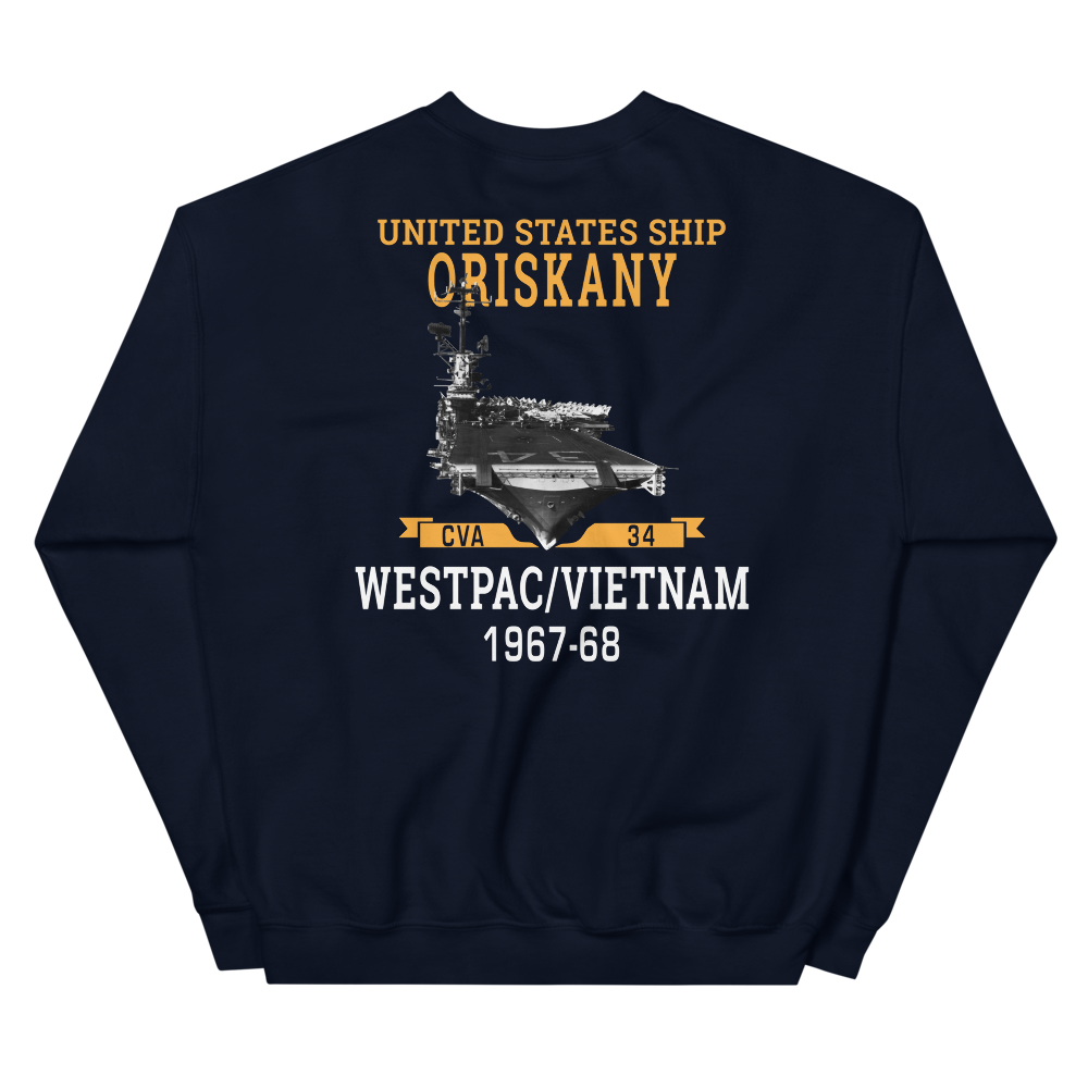 USS Oriskany (CVA-34) 1967-68 WESTPAC/VIETNAM Unisex Sweatshirt – back view, navy