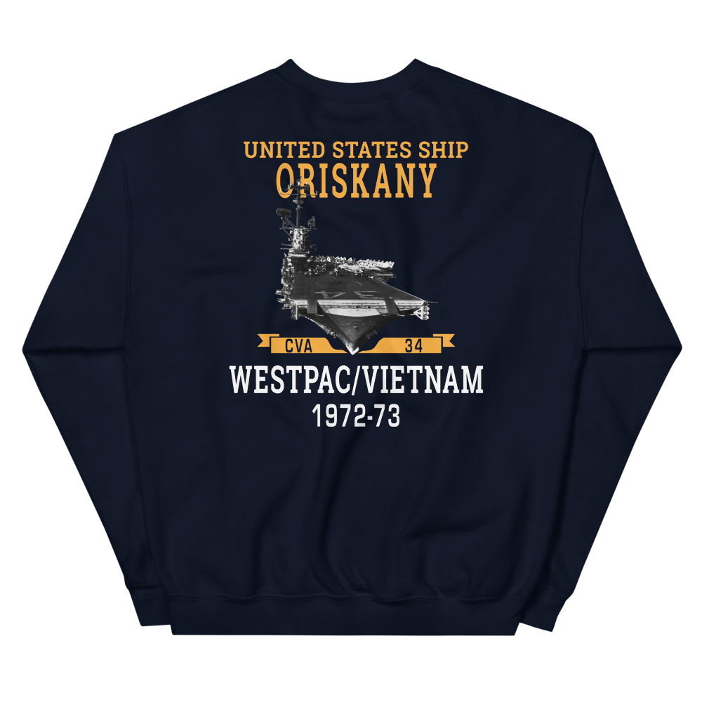 USS Oriskany (CVA-34) 1972-73 WESTPAC/VIETNAM Unisex Sweatshirt – back view, navy