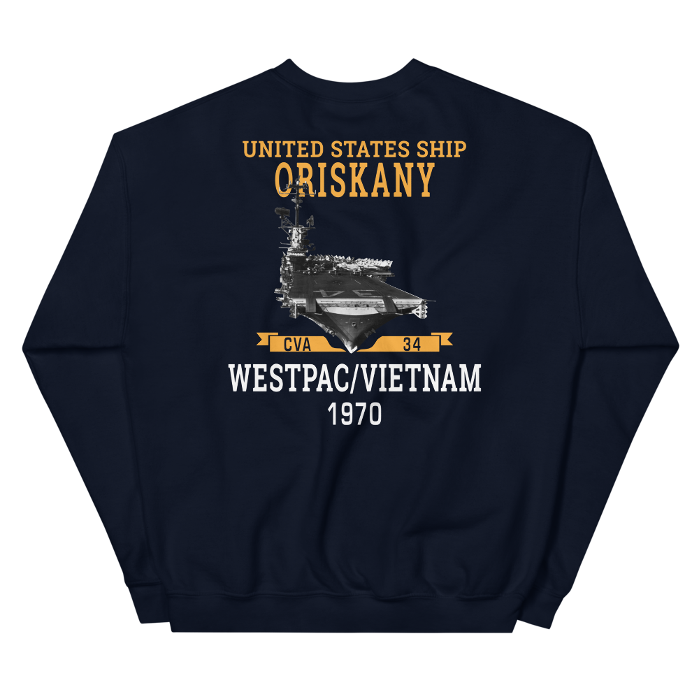 USS Oriskany (CVA-34) 1970 WESTPAC/VIETNAM Unisex Sweatshirt – back view, navy