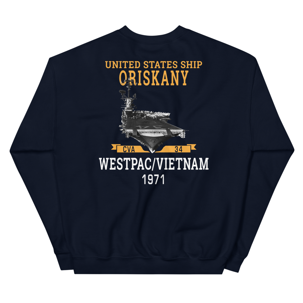 USS Oriskany (CVA-34) 1971 WESTPAC/VIETNAM Unisex Sweatshirt – back view, navy