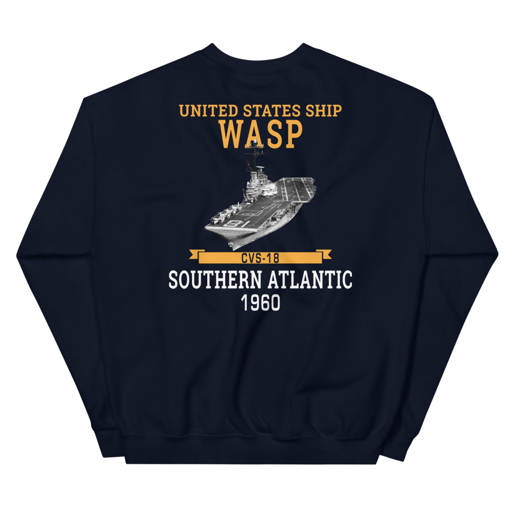 USS Wasp (CVS-18) 1960 S. ATLANTIC Unisex Sweatshirt – back view, navy