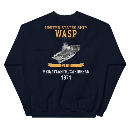 USS Wasp (CVS-18) 1971 MED/ATLANTIC/CARIBBEAN Unisex Sweatshirt – back view, navy