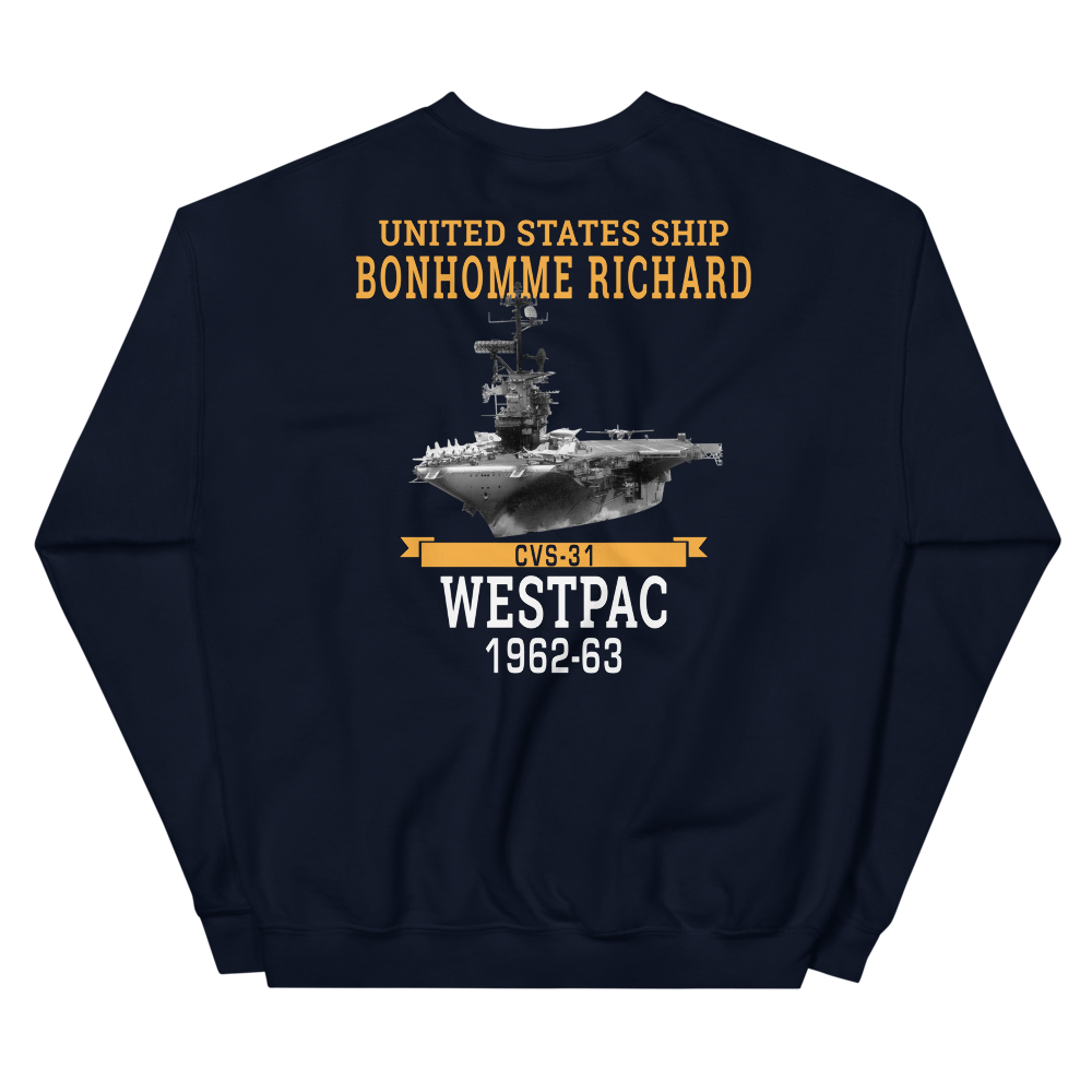 USS Bonhomme Richard (CVS-31) 1962-63 WESTPAC Unisex Sweatshirt – back view, navy