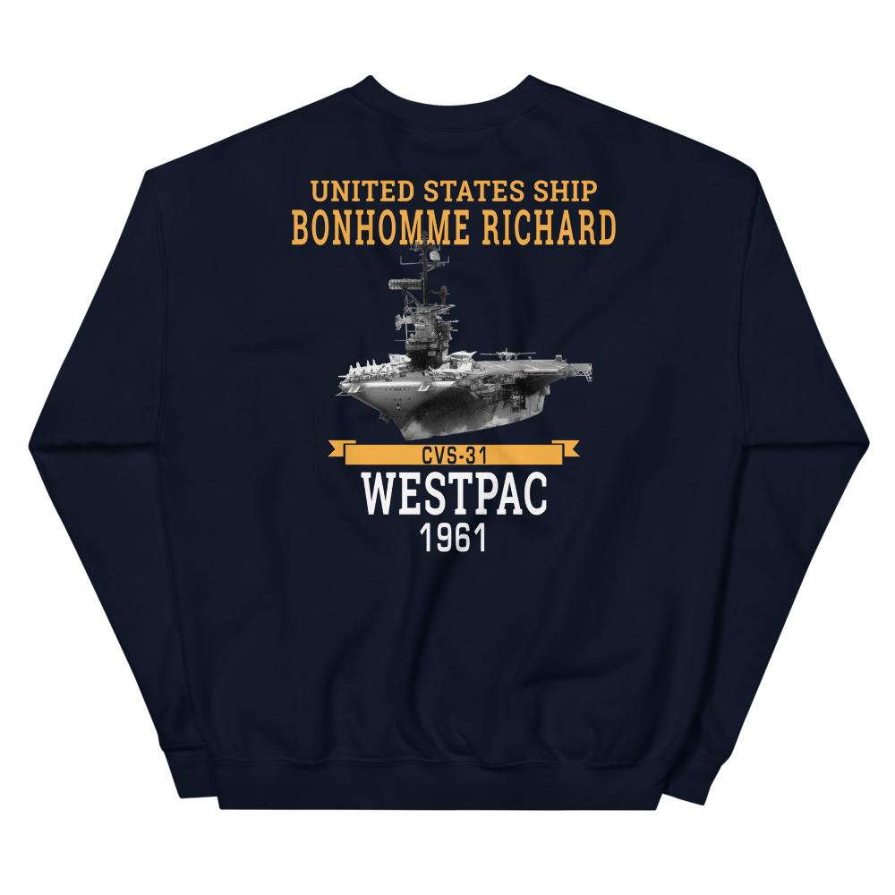 USS Bonhomme Richard (CVS-31) 1961 WESTPAC Unisex Sweatshirt – back view, navy