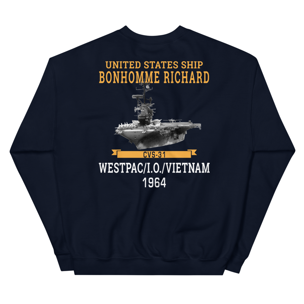 USS Bonhomme Richard (CVS-31) 1964 WESTPAC/VIETNAM Unisex Sweatshirt – back view, navy
