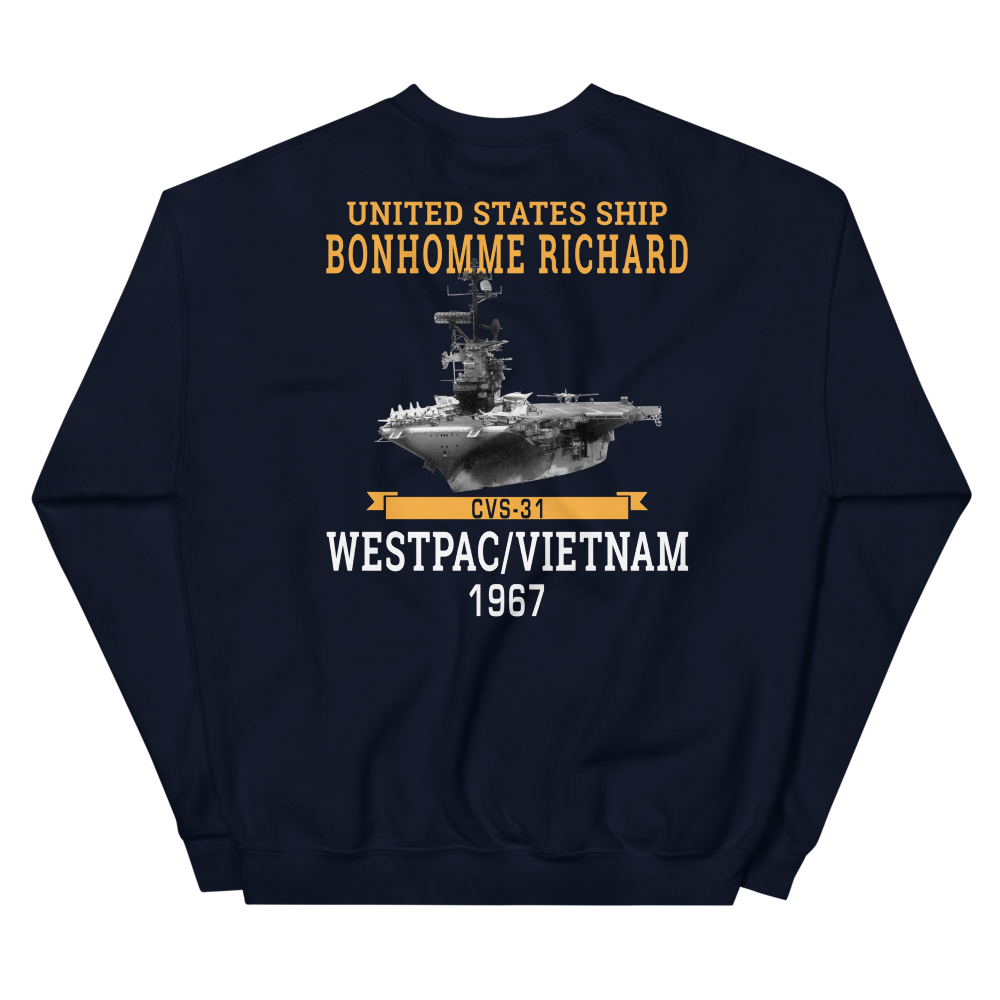 USS Bonhomme Richard (CVS-31) 1967 WESTPAC/VIETNAM Unisex Sweatshirt – back view, navy