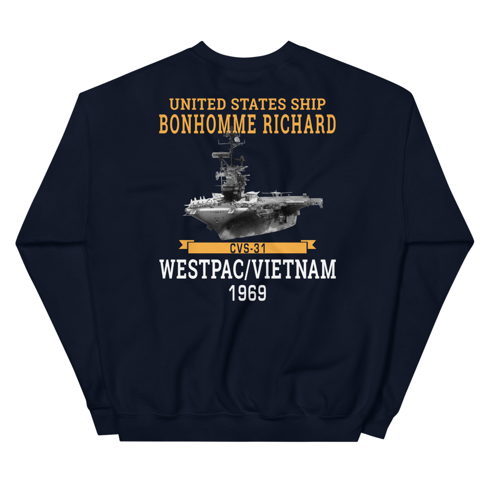 USS Bonhomme Richard (CVS-31) 1969 WESTPAC/VIETNAM Unisex Sweatshirt – back view, navy