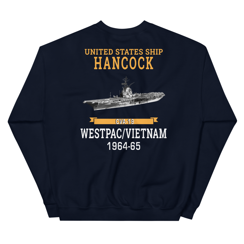 USS Hancock (CVA-19) 1964-65 WESTPAC/VIETNAM Unisex Sweatshirt – back view, navy