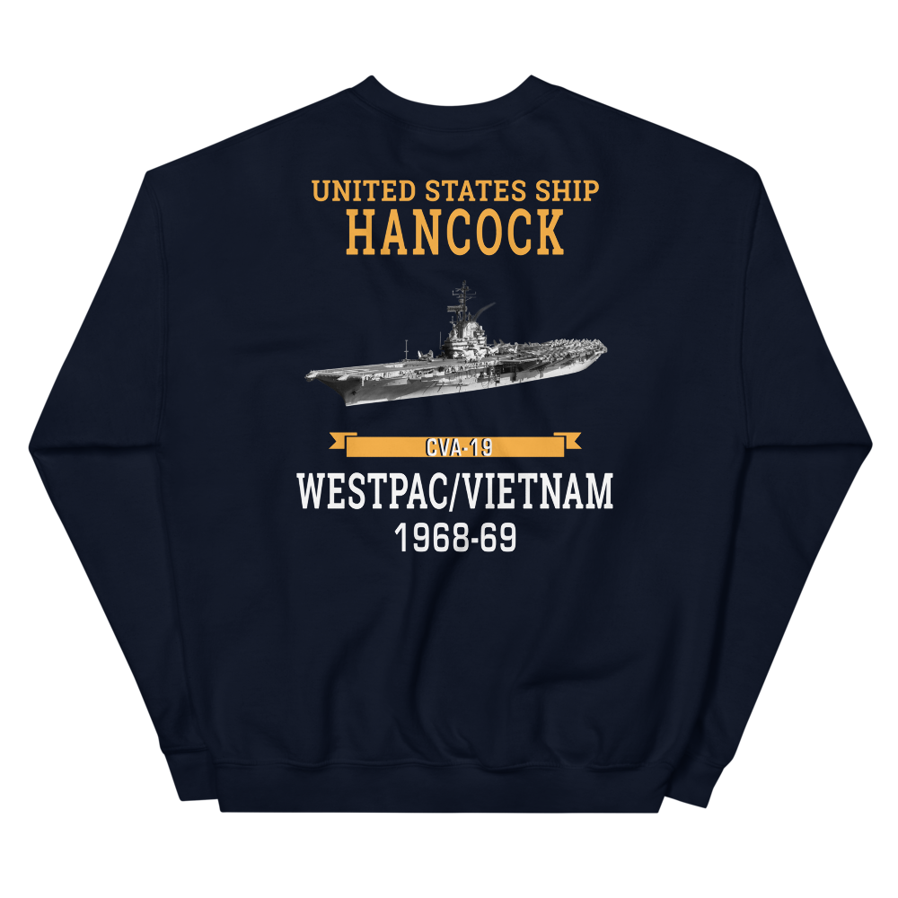 USS Hancock (CVA-19) 1969-70 WESTPAC/VIETNAM Unisex Sweatshirt – back view, navy