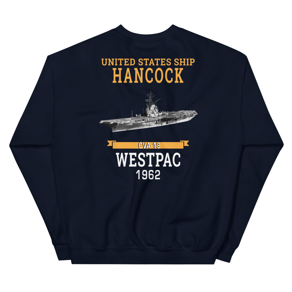 USS Hancock (CVA-19) 1962 WESTPAC Unisex Sweatshirt – back view, navy