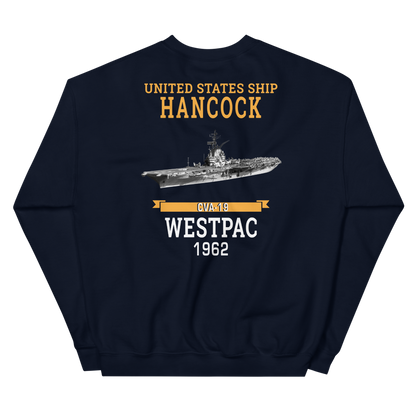 USS Hancock (CVA-19) 1962 WESTPAC Unisex Sweatshirt – back view, navy