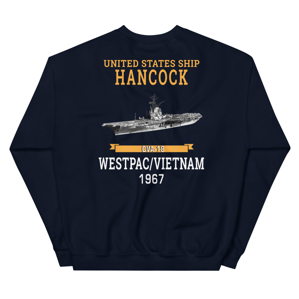 USS Hancock (CVA-19) 1967 WESTPAC/VIETNAM Unisex Sweatshirt – back view, navy