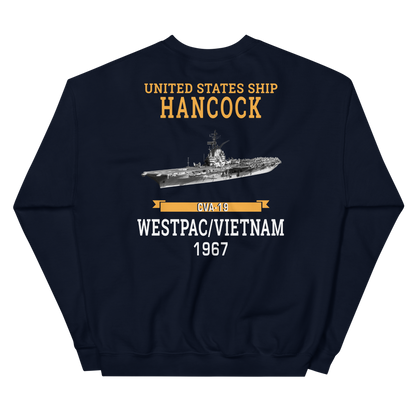 USS Hancock (CVA-19) 1975 FINAL CRUISE Unisex Sweatshirt – back view, navy