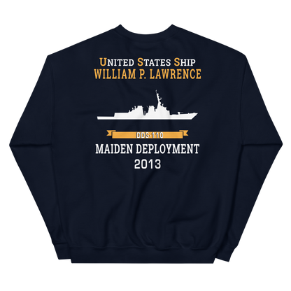 USS William P. Lawrence (DDG-110) 2013 MAIDEN DEPLOYMENT Unisex Sweatshirt – back view, navy