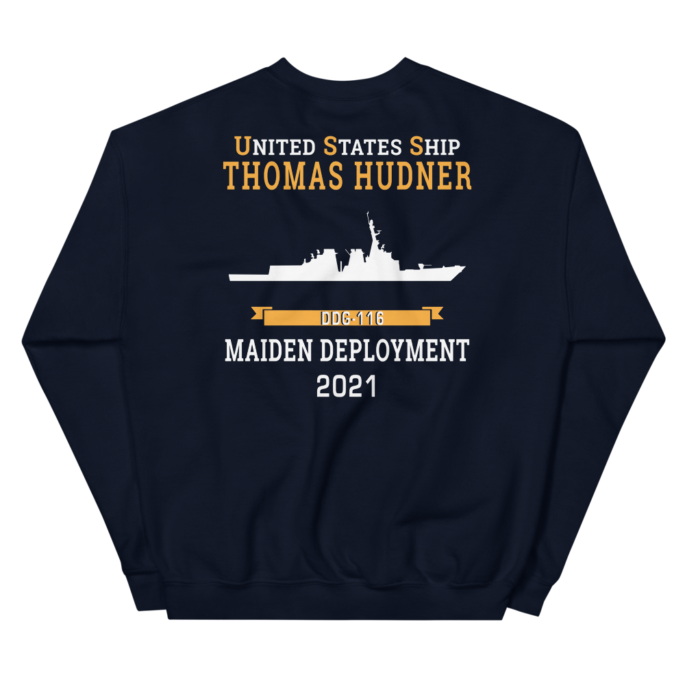USS Thomas Hudner (DDG-116) 2021 MAIDEN DEPLOYMENT Unisex Sweatshirt – back view, navy