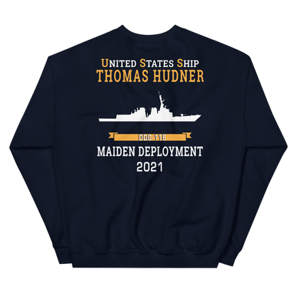 USS Thomas Hudner (DDG-116) 2021 MAIDEN DEPLOYMENT Unisex Sweatshirt – back view, navy