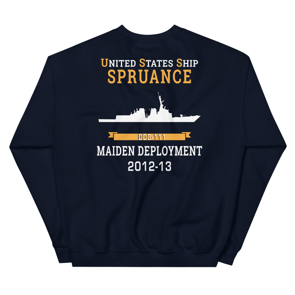 USS Spruance (DDG-111) 2012-13 MAIDEN DEPLOYMENT Unisex Sweatshirt – back view, navy