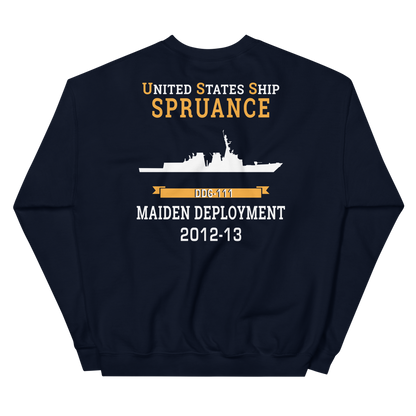 USS Spruance (DDG-111) 2012-13 MAIDEN DEPLOYMENT Unisex Sweatshirt – back view, navy