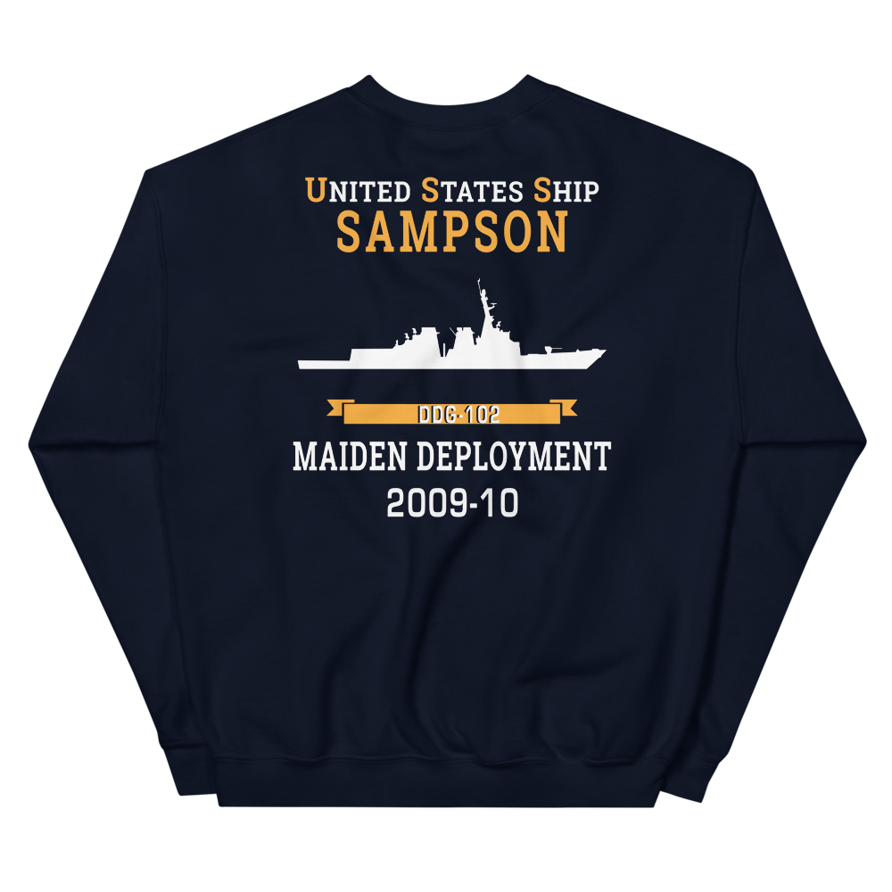 USS Sampson (DDG-102) 2009-10 MAIDEN DEPLOYMENT Unisex Sweatshirt – back view, navy