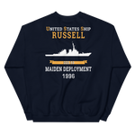 USS Russell (DDG-59) 1996 MAIDEN DEPLOYMENT Unisex Sweatshirt – back view, navy