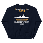USS Ross (DDG-71) 1999 MAIDEN DEPLOYMENT Unisex Sweatshirt – back view, navy