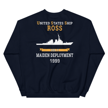 USS Ross (DDG-71) 1999 MAIDEN DEPLOYMENT Unisex Sweatshirt – back view, navy