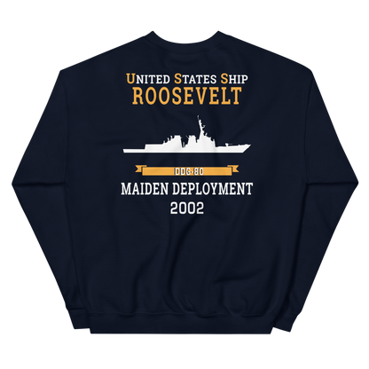 USS Roosevelt (DDG-80) 2002 MAIDEN DEPLOYMENT Unisex Sweatshirt – back view, navy