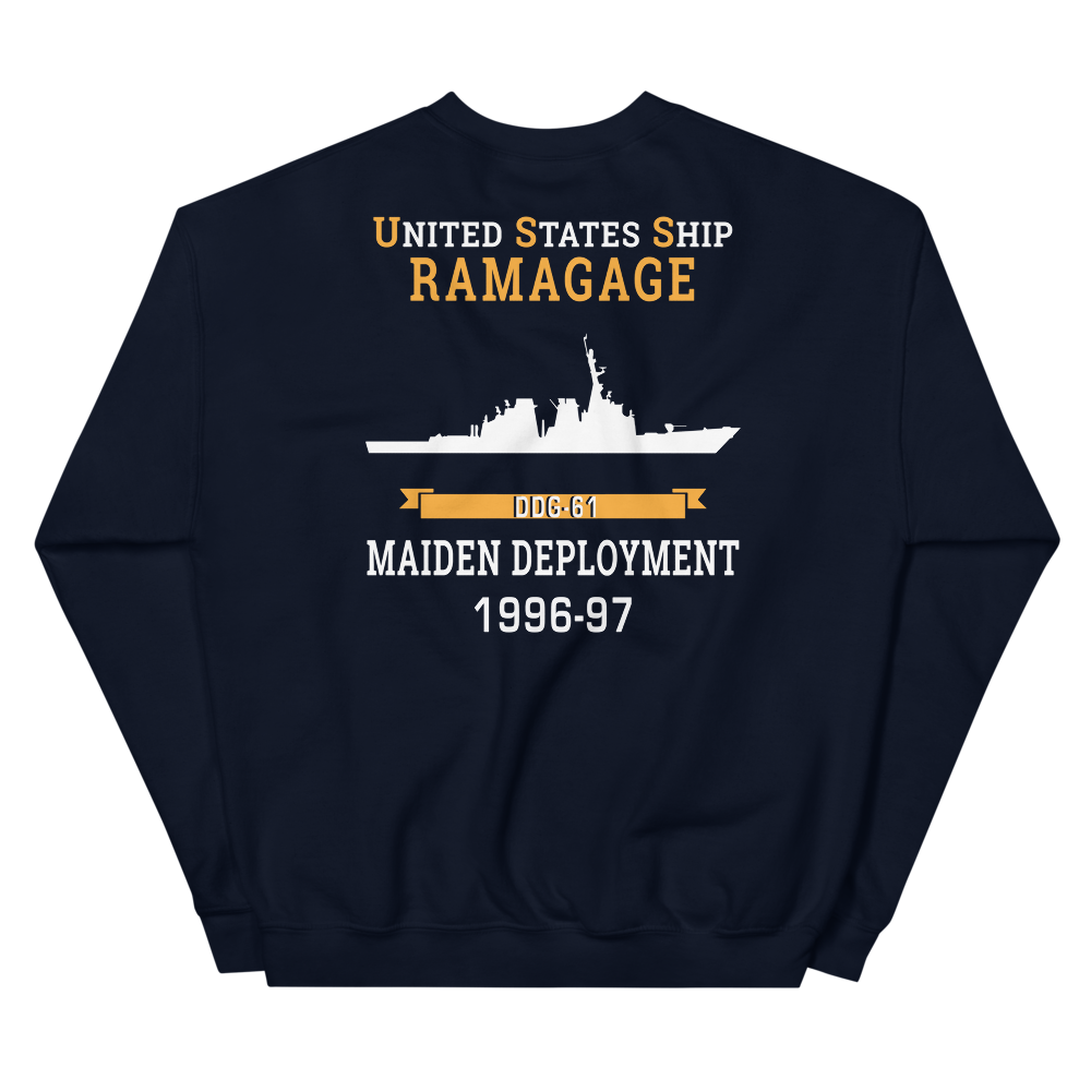 USS Ramage (DDG-61) 1996-97 MAIDEN DEPLOYMENT Unisex Sweatshirt – back view, navy