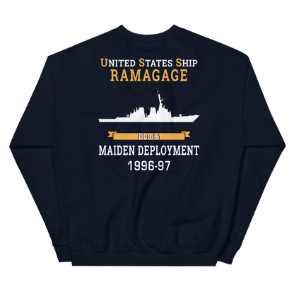 USS Ramage (DDG-61) 1996-97 MAIDEN DEPLOYMENT Unisex Sweatshirt – back view, navy