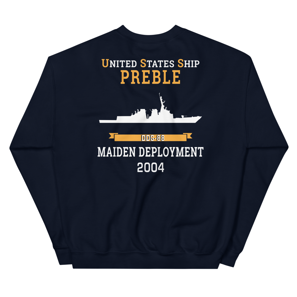 USS Preble (DDG-88) 2004 MAIDEN DEPLOYMENT Unisex Sweatshirt – back view, navy
